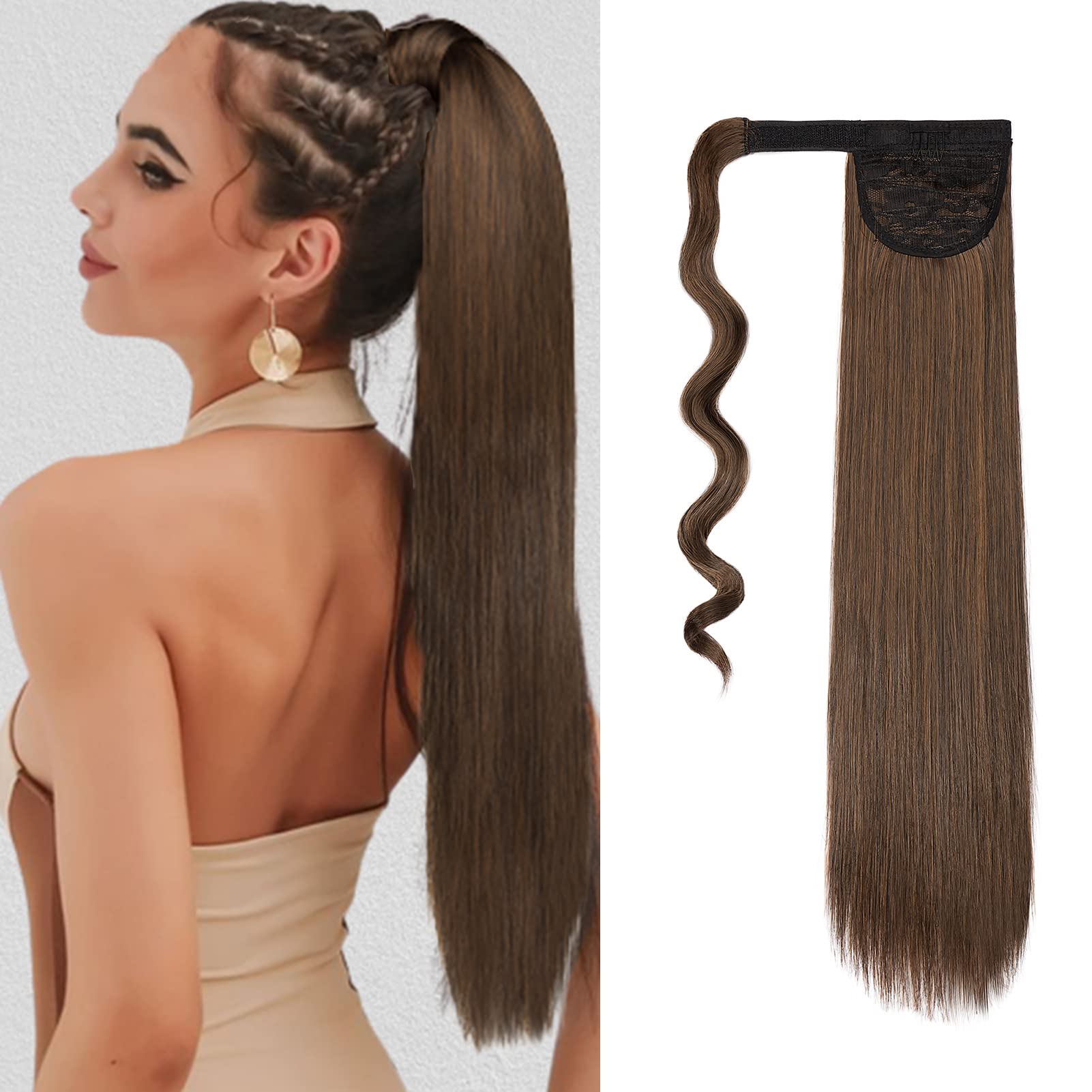 Cybelleza Straight Ponytail Extension Long Wrap Around Ponytails 22 inch Clip in Hair Extensions Hairpiece Synthetic for Women 105g (Dark Brown & Light Auburn) — image 1