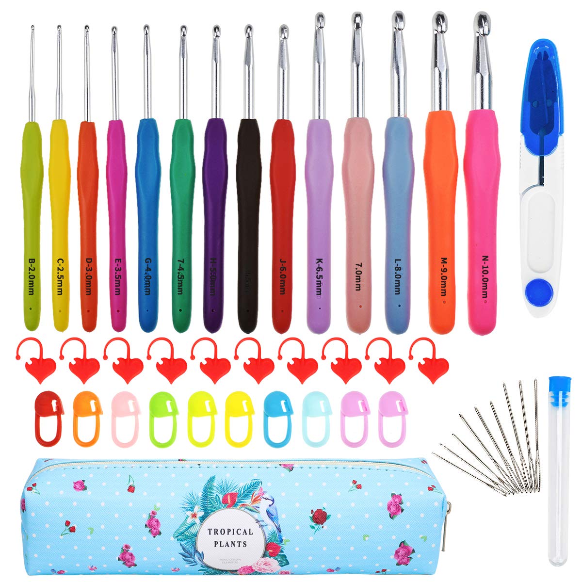 JOZEA 40pcs Crochet Hooks Set, 14 Pcs Full Size Soft Handles Knitting Needles Kit with Case & Other Accessories for Beginners Adults, 2-10mm