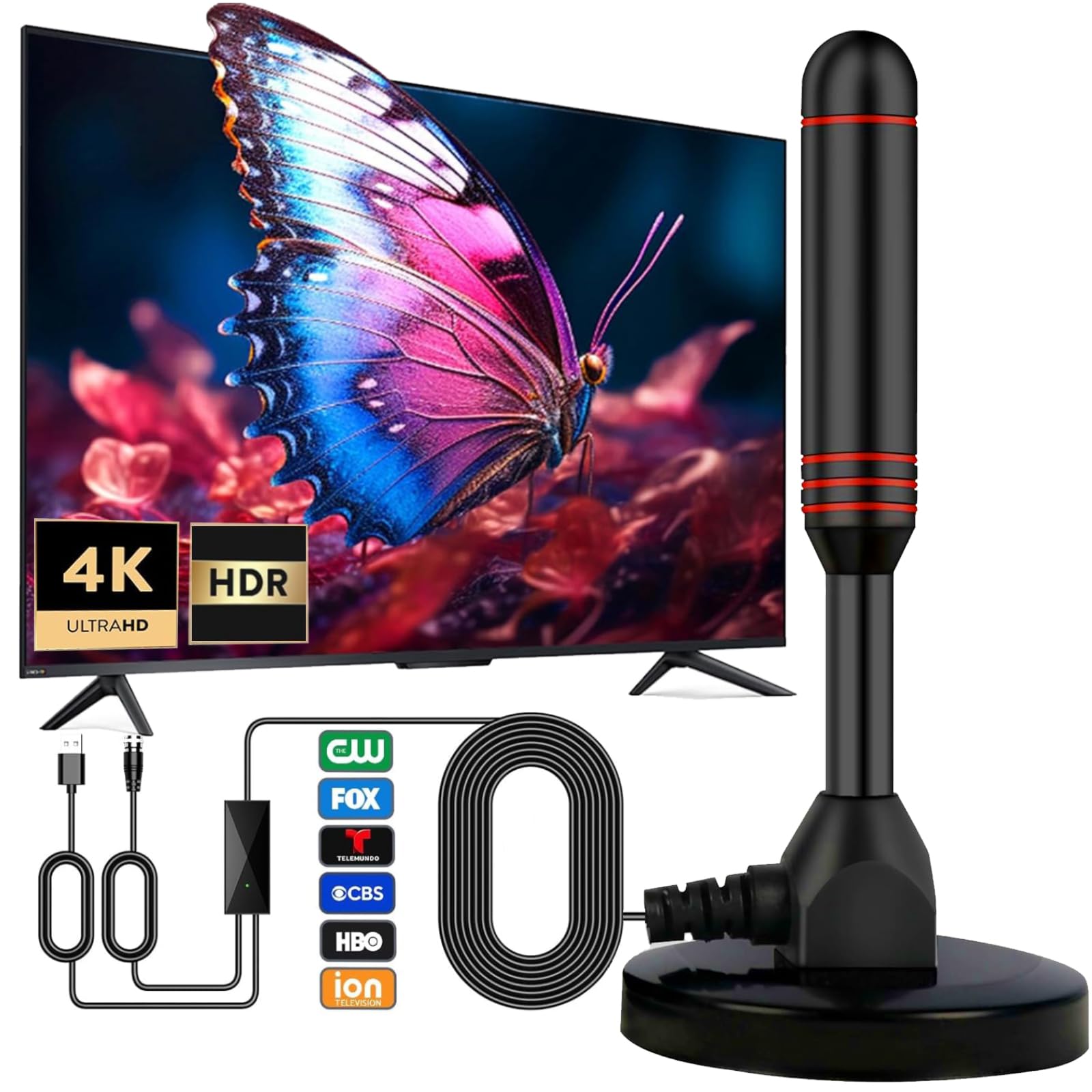 Photo 1 of TV Antenna for Smart 4K 1080P Fire and All Older TV's Indoor, Includes Magnetic Base and 360° Reception,300+ Mile Signal Reception Range,17.5ft Coax Cable