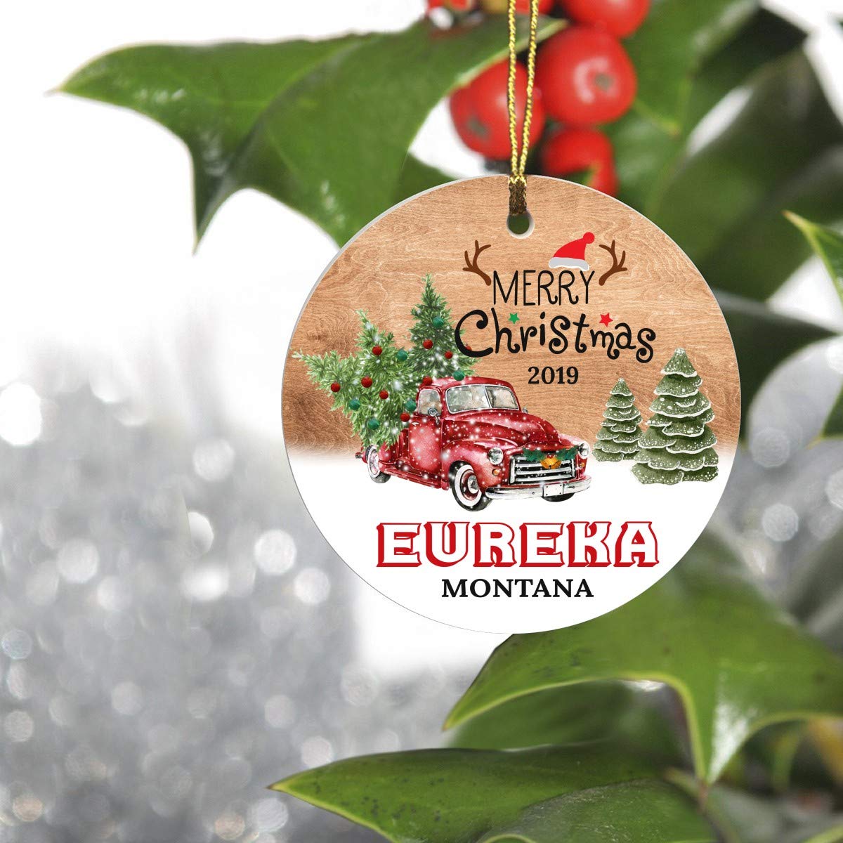 Merry Christmas Tree Decorations Ornaments 2019 for Eureka Montana MT State - Keepsake Gift Ideas Ornament Ceramic 3" for Family, Friend and Housewarming