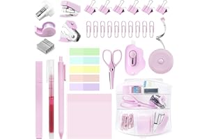 YUMOONI Mini School Supplies Kit, Pink Mini Stapler with Staples and Tape Dispenser Set, Mini Stationary Set Includes Sticky Notes Index Tabs Highlighters Gel Pens for Office & Back to School Supplies