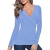 Afibi Womens Slim Fitted Deep V Neck Cross Wrap Top Long Sleeve T-Shirts
