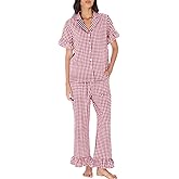 Kissonic Women Plaid Pajamas Sets 2 Piece Cotton Button Down Short Sleeve Shirt Ruffle Pants Gingham Pjs Lounge Set