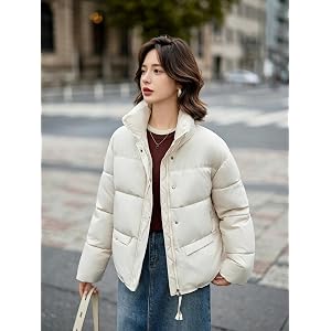 Women's Short Puffer Jacket, Stand Collar Quilted Winter Coat | Stand collar helps protect against chilly winds