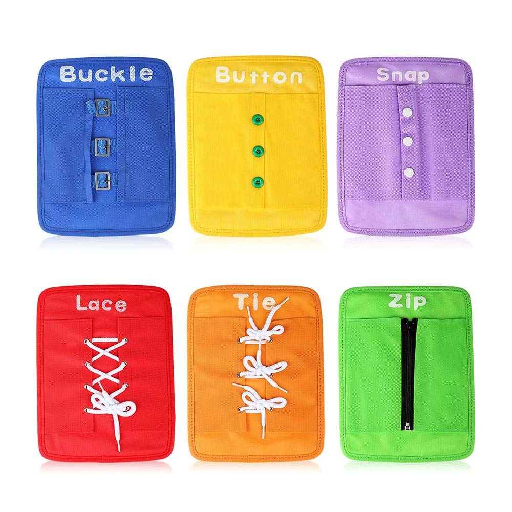 Esoes 6 Pcs Fine Motor Skills Toys Zip and Button Board, Montessori Toys for 1 2 3 4 Year Old, Learn to Tie Shoe Laces Kids Button Buckle Zip Snap