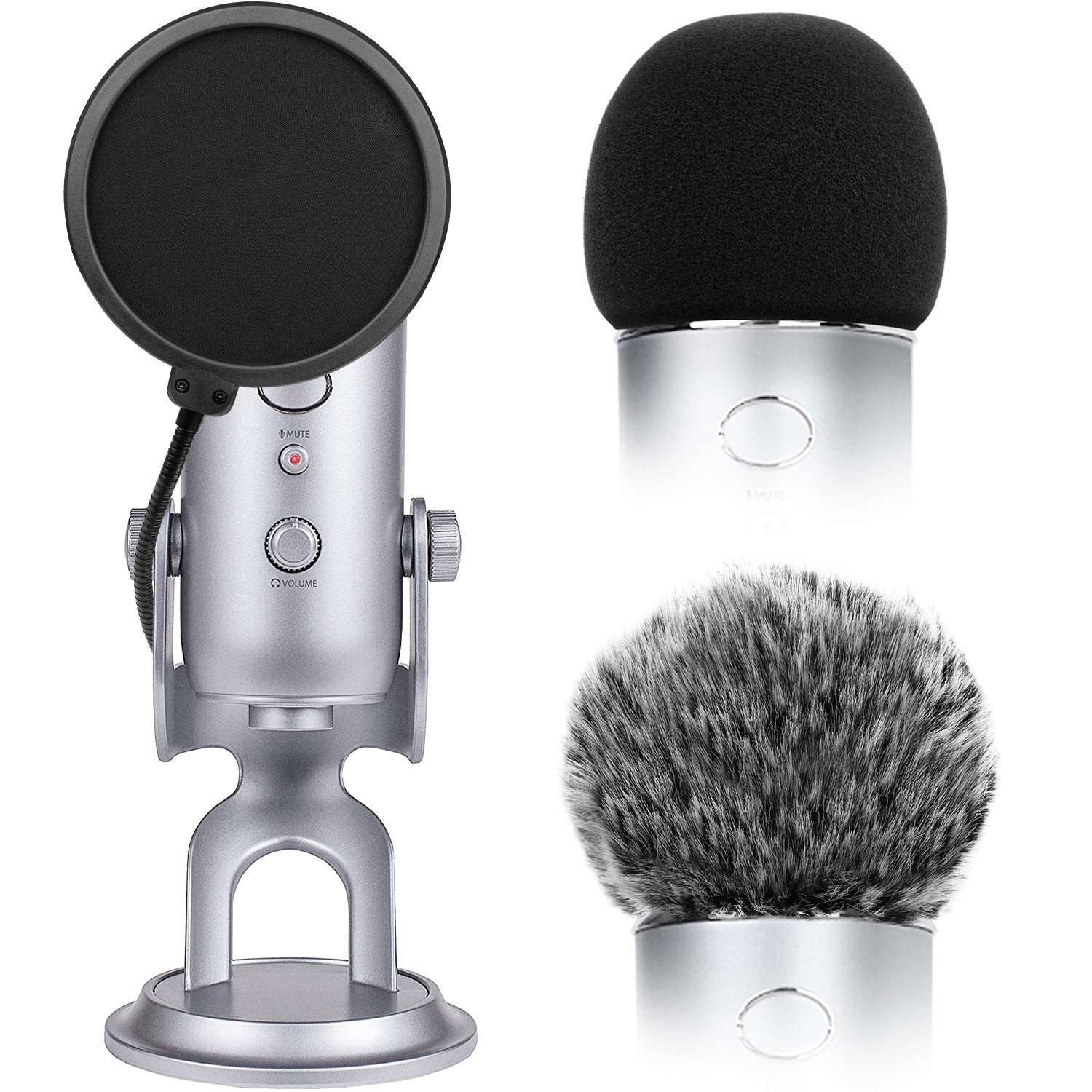 ChromLives 2pcs Microphone Furry Windscreen Mic Cover Foam for Blue Yeti + Microphone Pop Filter Dual Layer Mask Shield Fit Mic Blue Yeti and Yeti Pro Condenser (Combo 3Pack)