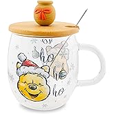 Disney Winnie the Pooh Holiday Glass Coffee Mug With Lid and Spoon | Clear Coffee Cup For Tea, Espresso, Cocoa | Holds 17 Ounces