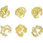 Yuoos 6PCS Gold Seashell Rings for Women Beach Surfer Swirl Conch Starfish Chunky Rings 18k Gold Dainty Seashell Heart Bow Stacking Rings Summer Jewelry for Women