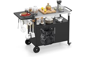 Giantex Outdoor Grill Cart with Storage Cabinet, Patio Kitchen Island Table with Stainless Steel Top, Foldable Side Table, Mo