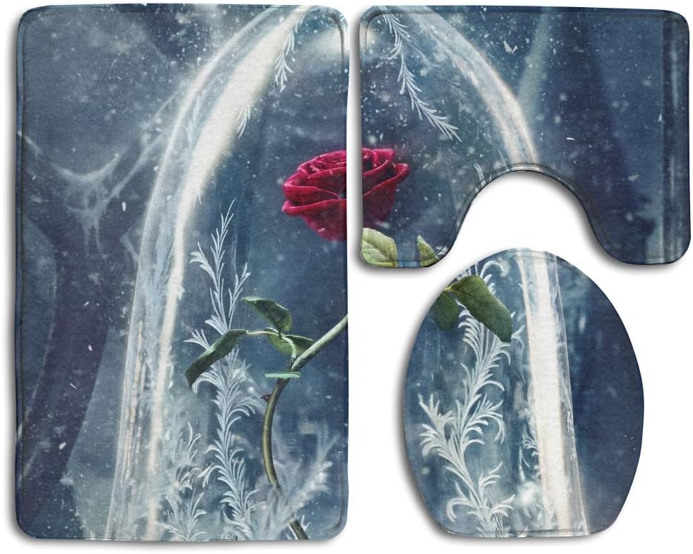 Lojaon Custom Bathroom Rug Mat Sets 3 Piece Non-Slip Flannel Rose Beauty And Beast Shower Bath Carpet Rugs&Contour Mat&Lid Cover