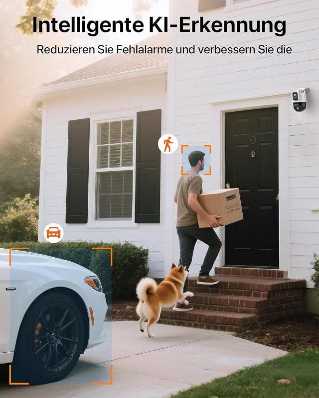Überwachungskamera Außen mit Dual-Objektiv, 2K+2K WLAN Außenkamera mit PTZ & Festlinse, Farb-Nachtsicht, Lokaler Speicher ohne ABO, IP65, für Haus & Hof, Nur 2.4GHz