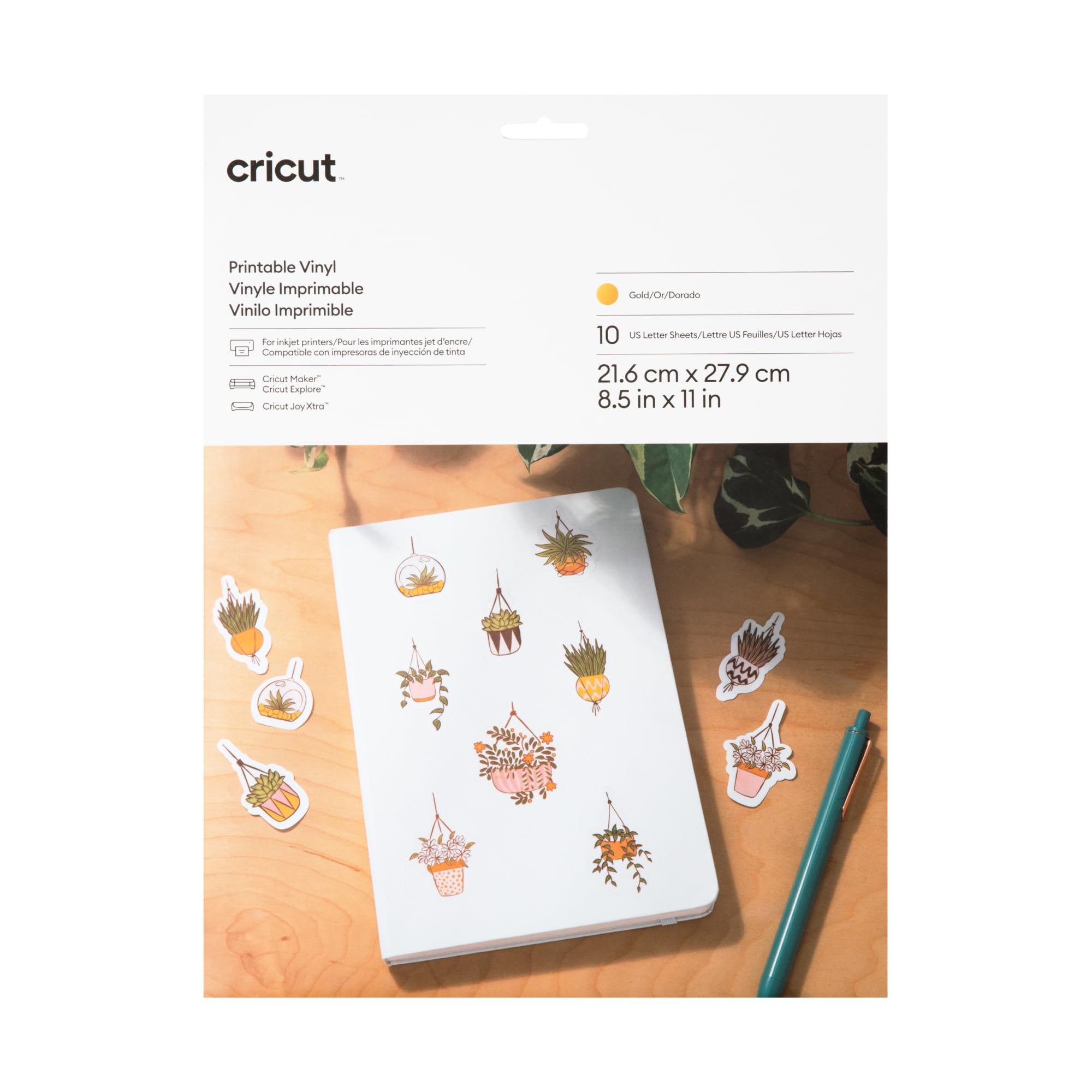Photo 1 of Cricut Printable Vinyl 10 Count, Printable Vinyl for Letter Stickers, Labels & Decor, Vinyl Paper for Inkjet Printer, Compatible with Cricut Maker, Explore 3, & Cricut Joy Xtra Machines, Gold
