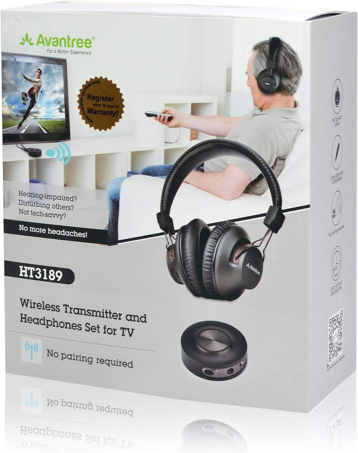 Avantree HT3189 APTX Low Latency Wireless Solution Set for Watching TV, Bluetooth Headphone + Transmitter Set.