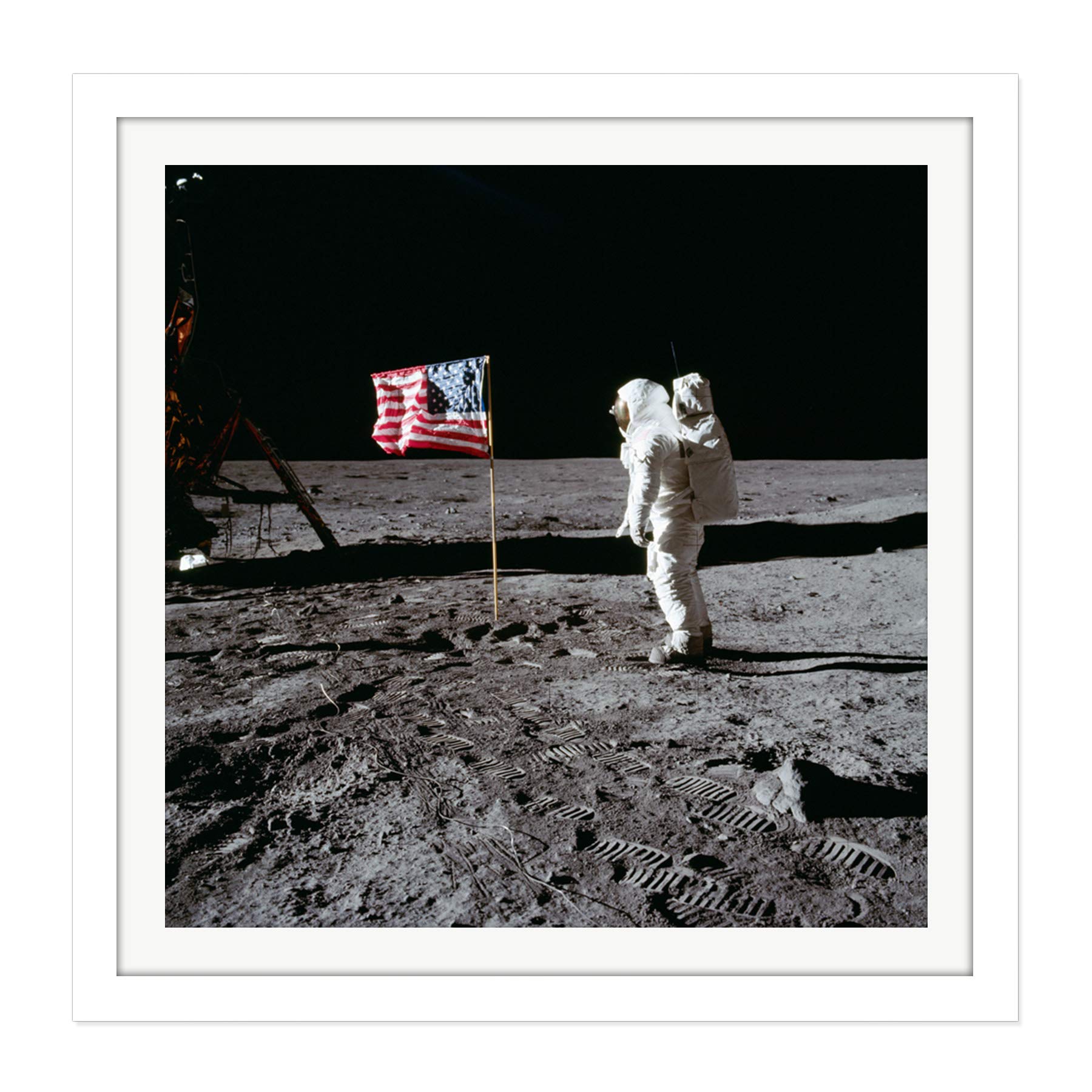 Space NASA Apollo 11 Aldrin Salutes US Flag Moon Photo Square Wooden Framed Wall Art Print Picture 16X16 Inch