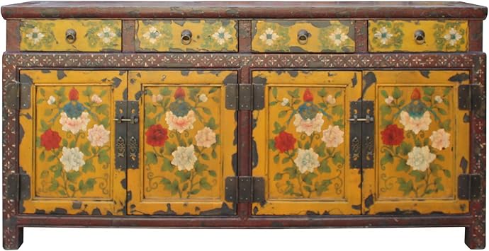 Amazon Com Chinese Distressed Yellow Red Floral Graphic Low