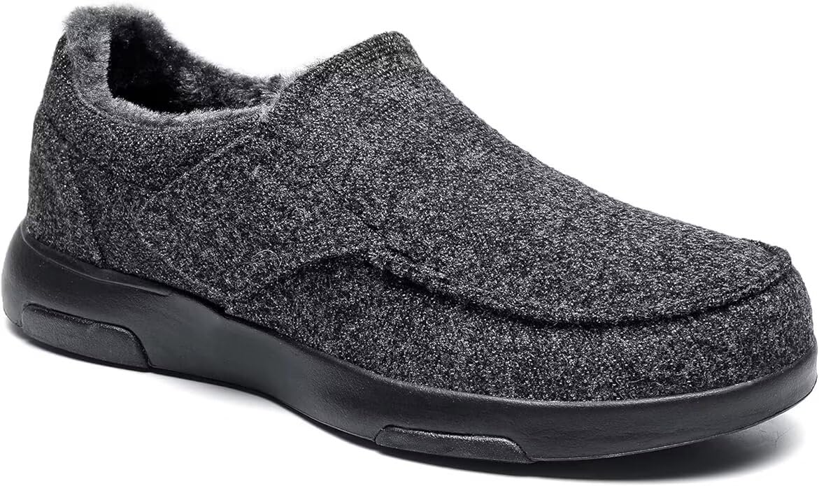 Photo 1 of Men's Orthopedic Arch Support Slip On Slippers Shoes: Adjustable Fit Hook and Loop Closure Fleece Loafers, Plantar Fasciitis Supportive for Flat Feet Leisure Vintage Winter Shoes Black Size 10.5