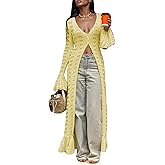 Kwunbwa Crochet Cardigans for Women Hollow Out Knitted V Neck Long Sleeve Button Up Beach Cover Up Vacation Maxi Dress