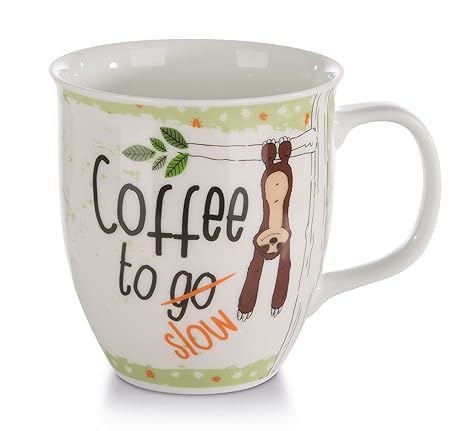 Nici 42554 Porzellantasse Faultier Coffee to Slow, 9,5 x 10 cm, weiß mit Buntem Aufdruck, Füllvolumen 400 ml (gefüllt bis ca.