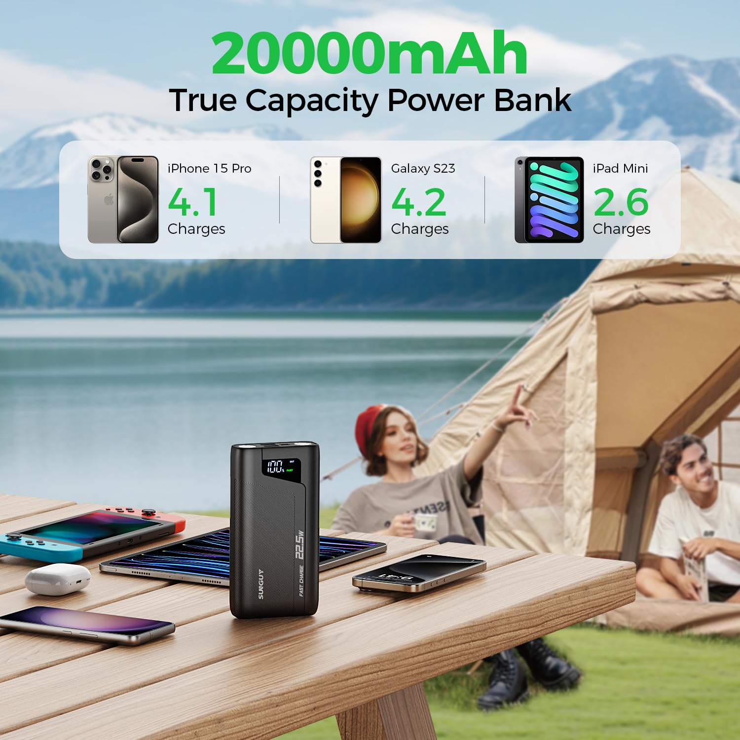 SUNGUY Power Bank 20000mAh, 22.5W Fast Charging USB C in & Out Battery Pack Charger Portable, PD3.0+QC4.0 LED Display External Battery Pack Cell Phone Charger for iPhone 16 Pro Max Samsung S24 Android