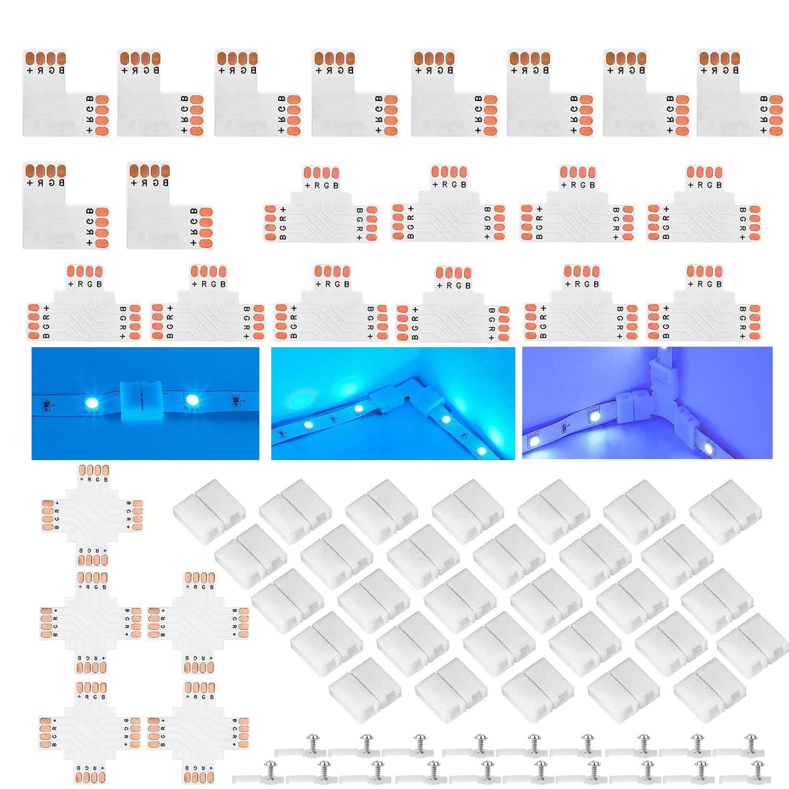 ENQIMAOYI Led Strip connectors, 30PCS 4-pin 8mm Solderless Connectors for Strip Light 2835 3528, Indoor Waterproof LED Light Connectors for RGB Flexible Strip