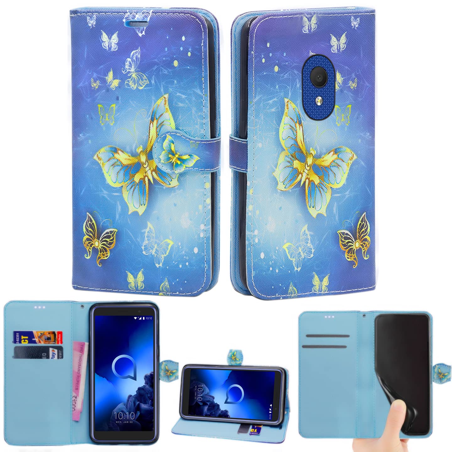 Mobile Stuff For Alcatel 1C 2019 Case, Wallet Case Magnetic Flip Leather Cover With Card Slots and Stand Feature For Alcatel 1C 2019 (Butterfly Gold)