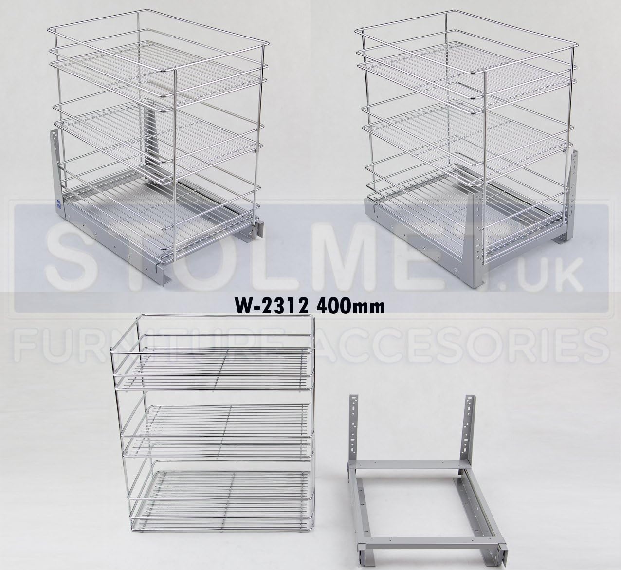 Pull-out under Cupboard Larder Kitchen Wire Mash Front Mounting Cargo Baskets with Soft Self Close (CHROME PLATED, 400mm)