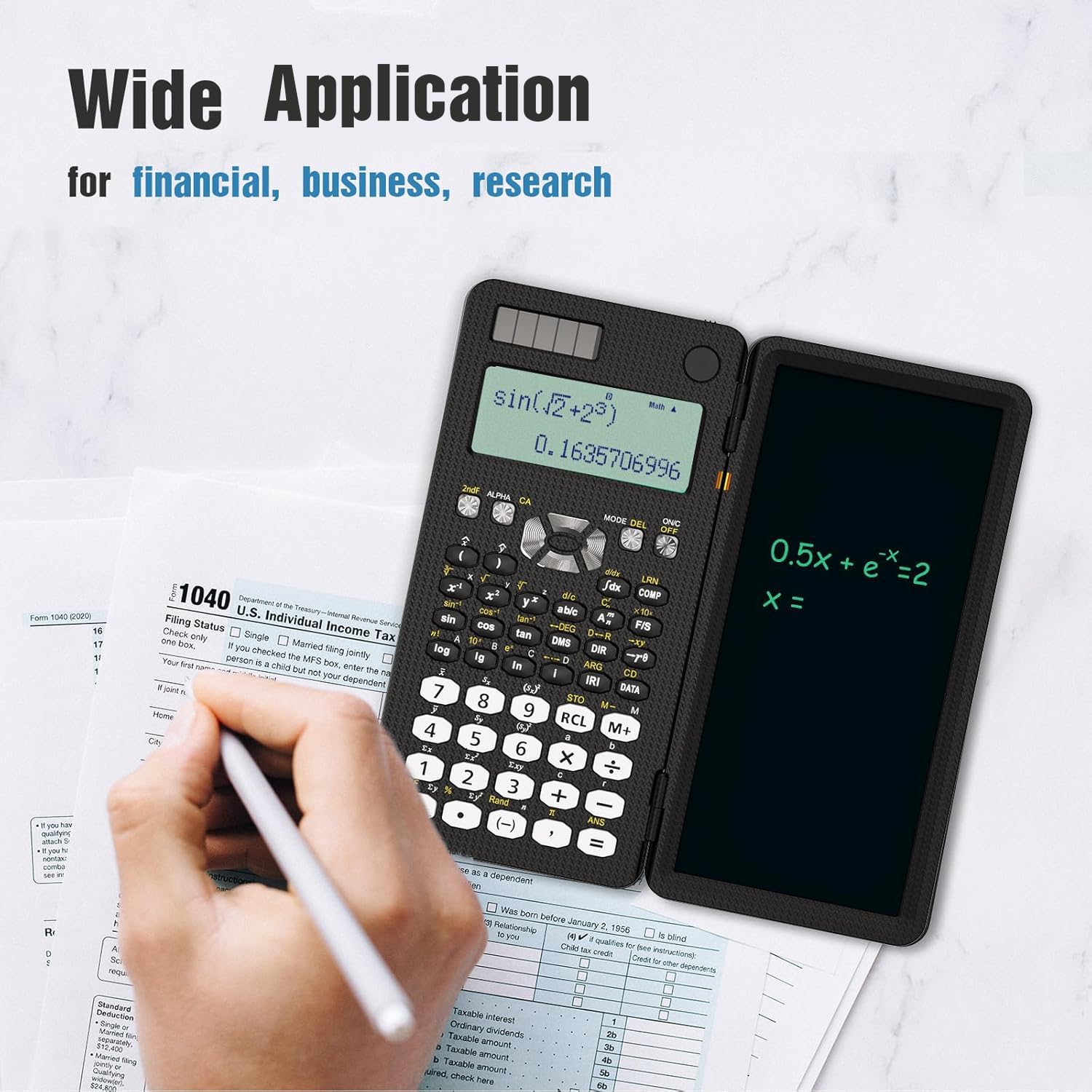 Scientific Calculator with Writing Tablet,ROATEE 991 MS Foldable 2-Line Display Science Calculator with Notepad,Middle High School Supplies for Students & College,Solar & Battery Powered,Easy to Carry