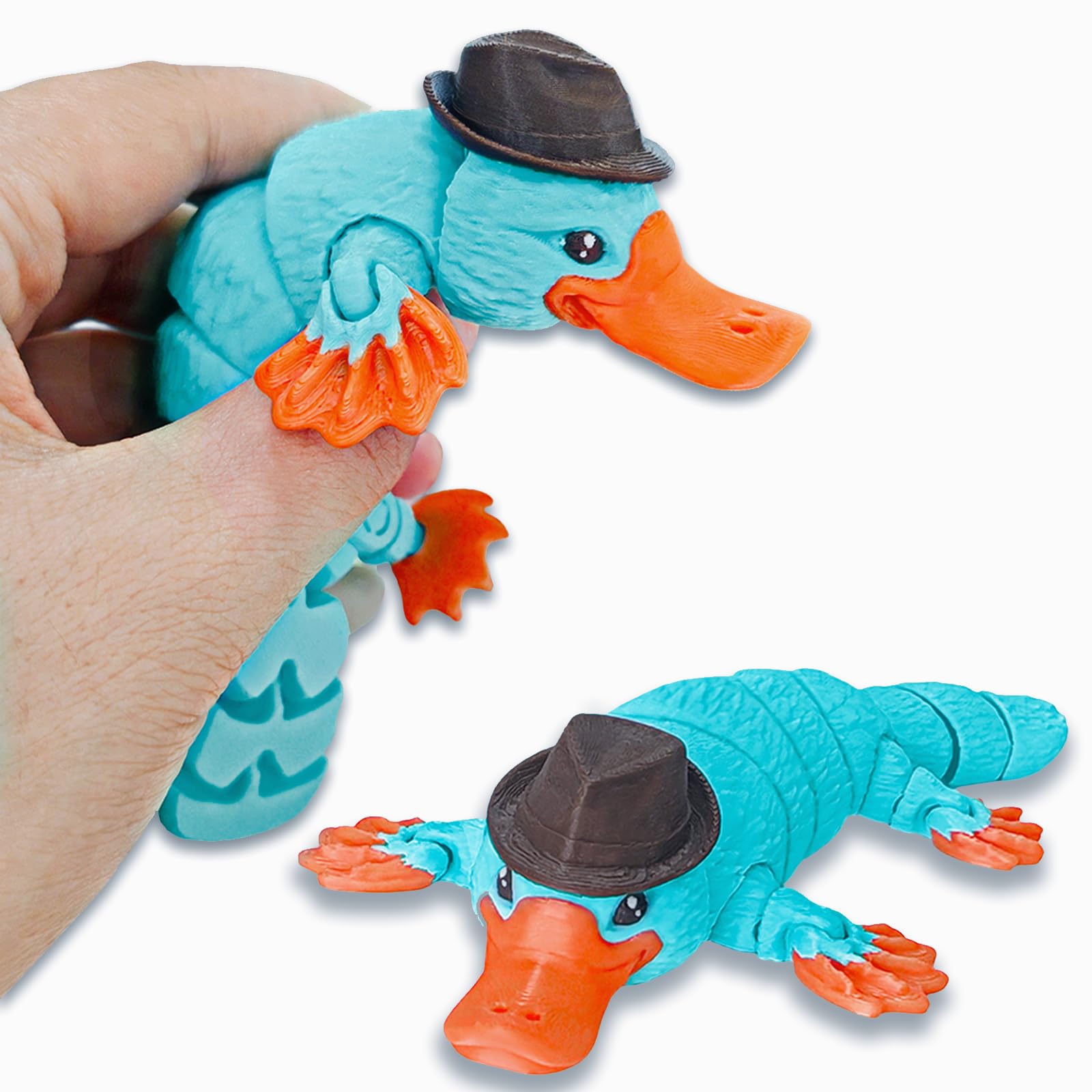 View 1 of 2 PCS 3D Printed Platypus Figurine with Hat, Flexible 3D Printed Animals, Turquoise Blue, Desk Decor