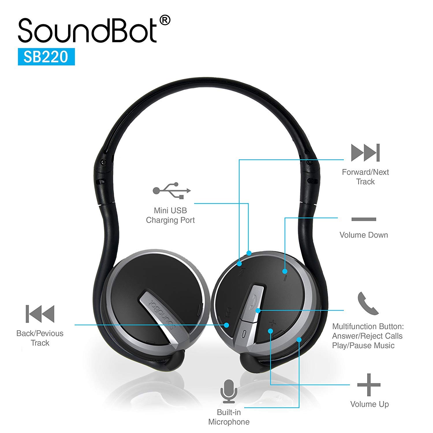 Soundbot SB221 HD Wireless Bluetooth 4.0 Sports-Active Headphones for 20Hrs Music Streaming & 25Hrs HandsFree Calling with Sweat Resistant Ergonomic Secure-Fit Design & Voice Command Support, Black
