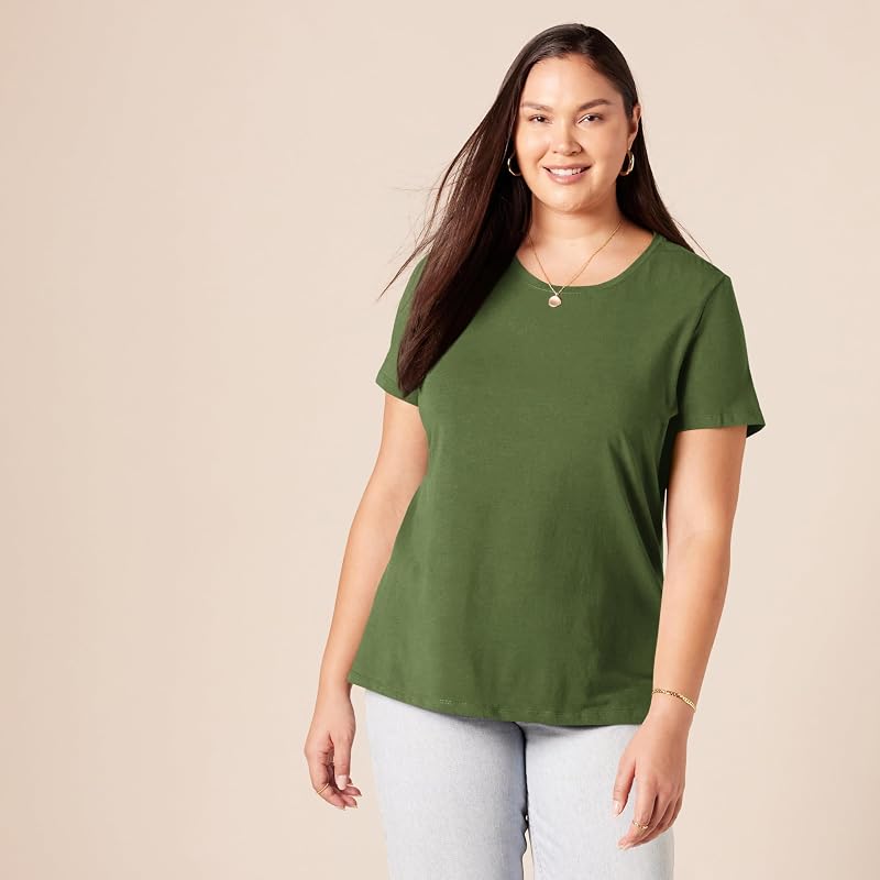 Damen T-Shirt mit kurzen Ärmeln und Rundhalsausschnitt in normaler Passform, 2er-Pack, Armeegrün/Minzgrün, S — Foto 7 von 8