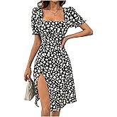 Floerns Women's Floral Puff Sleeve A Line Dress Square Neck Thigh Split Vacation Beach Dresses