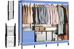 GARPROVM Portable Wardrobe Closet Large, 74 inch Folding Garment Rack Pre-assembled Clothes Rack with Cover, 74.2"L x 18"W x 66.5"H Freestanding Clothing Storage Organizer with 3 Hanging Rods (Blue)
