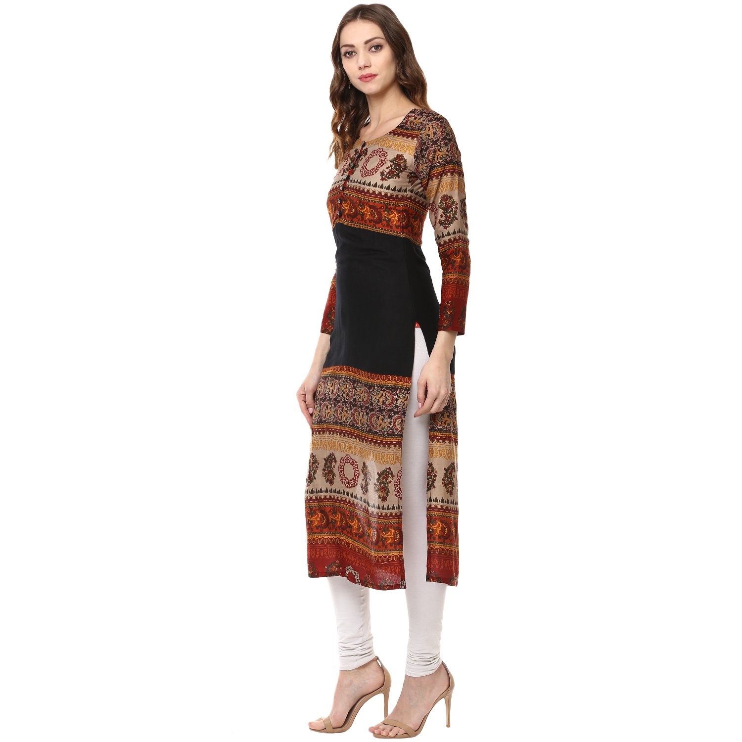 ives black printed rayon straight kurti for women