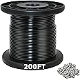HONYTA 304 Stainless Steel Wire Cable Black Vinyl Coated Wire Rope with 100 Pcs Aluminum Crimping Sleeves 7x7 Strand Construcion for Outdoor Light Guid Wire, 200 Ft 1/16 Inch Overmolded to 3/32 Inch
