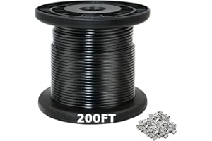 HONYTA 304 Stainless Steel Wire Cable Black Vinyl Coated Wire Rope with 100 Pcs Aluminum Crimping Sleeves 7x7 Strand Construcion for Outdoor Light Guid Wire, 200 Ft 1/16 Inch Overmolded to 3/32 Inch