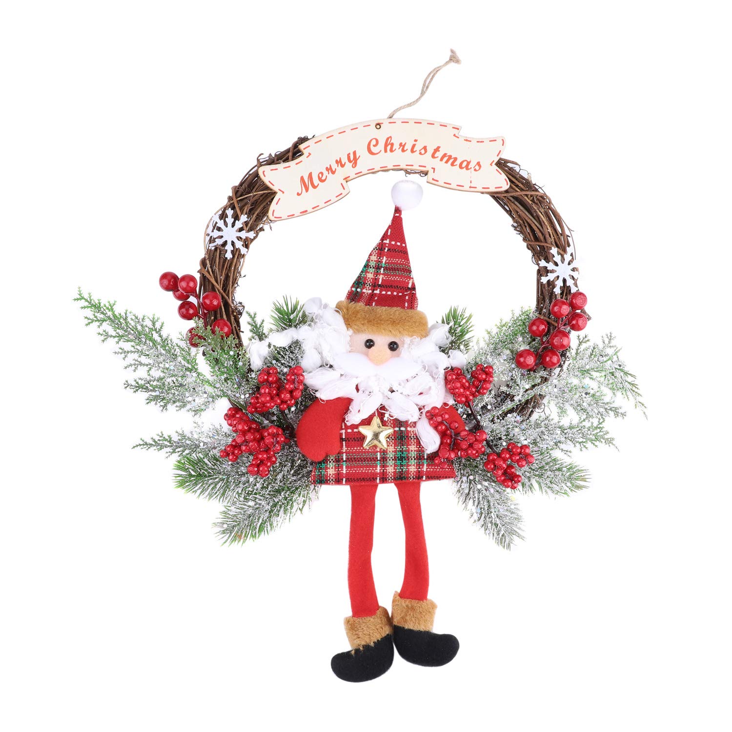 Christmas Santa Wreath Decoration Door Hanging Wreath Snowman Elk Christmas Tree Decor Rattan Garland Window Wall Hanging Ornament for Christmas Tree Fireplace Front Door Wall,30cm