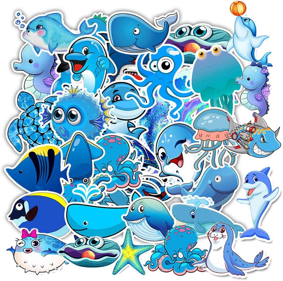 Blue Marine Animals Stickers 50 Pcs, Cute Girl Lovely Kids Teens Boys Vinyl Decals for Laptop iPad Car Luggage Water Bottle Computer Hydroflasks Helmet Truck, No-Duplicate