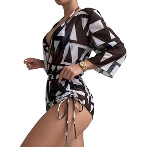 Chic Women's 3 Piece Leaf Print Swimsuit Set Cinched Waist Long Sleeve Sun Protective Beach Wear