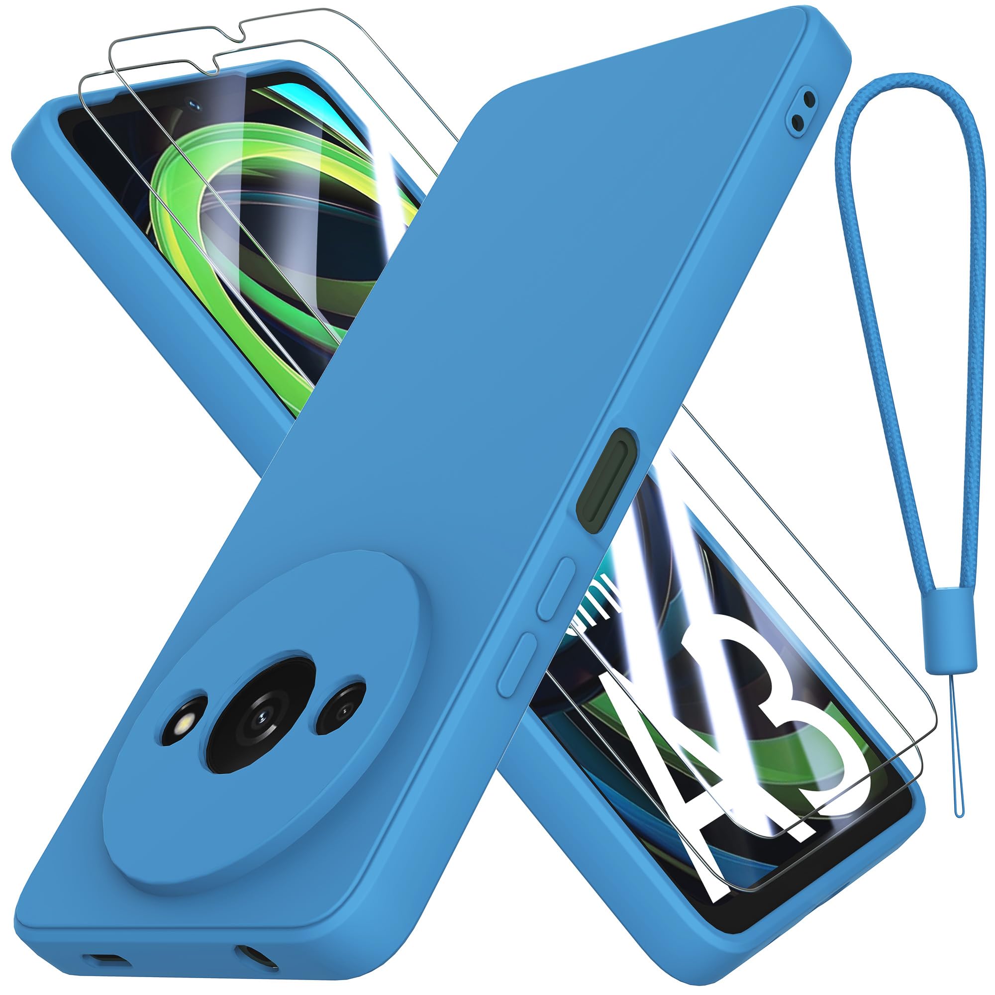 THIYUFUNS Case for Xiaomi Redmi A3 4G with 2 Tempered Glass Screen Protector, Silicone Slim Fit Shockproof Anti-Scratch Compatible with Xiaomi Redmi A3 4G - Blue