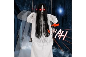 THUODO Halloween Decorations Outdoor, Scary Hanging Swinging Girl Props Sound & Slap Activated with Creepy Sound Expressions Light Up Eyes, Halloween Outside Ghosts for Haunted House Yard Lawn Decor