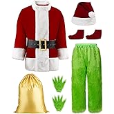 Suroomy Green Christmas Costume for Men Halloween Costumes Adult Santa Costume 8PCS Deluxe Funny Cosplay Outfit
