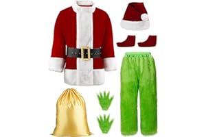 Suroomy Green Christmas Costume for Men Halloween Costumes Adult Santa Costume 8PCS Deluxe Funny Cosplay Outfit