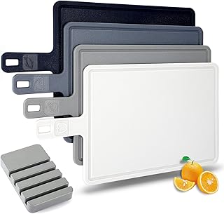 Hodekt Schneidebrett Kunststoff 4-teiliger Satz, Schneidebretter mit Saftrinne, mit Griff und Ablage, BPA-frei, Lebensmittelsortierung, Spülmaschinenfest, hohe Temperaturbeständigkeit, Langlebig
