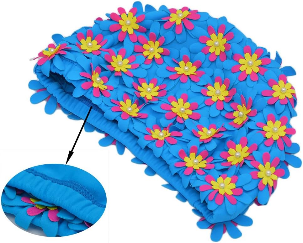 Medifier Swim cap Floral Petal Retro Style Bathing Caps for Women Blue - Image 4