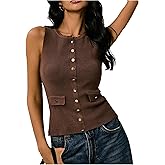 Milumia Women's Button Down Sweater Vest Sleeveless Crewneck Ribbed Knit Tank Tops