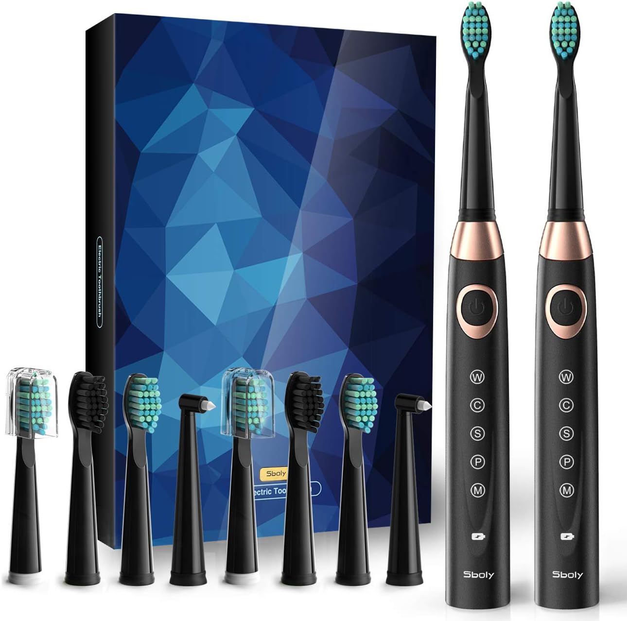 2 Sonic Electric Toothbrushes 5 Modes 8 Brush heads USB Fast Charge Powered Toothbrush Last for 30 Days, Built-in Smart Timer Rechargeable Toothbrushes for Adults and Kids (2 Black) SY-508