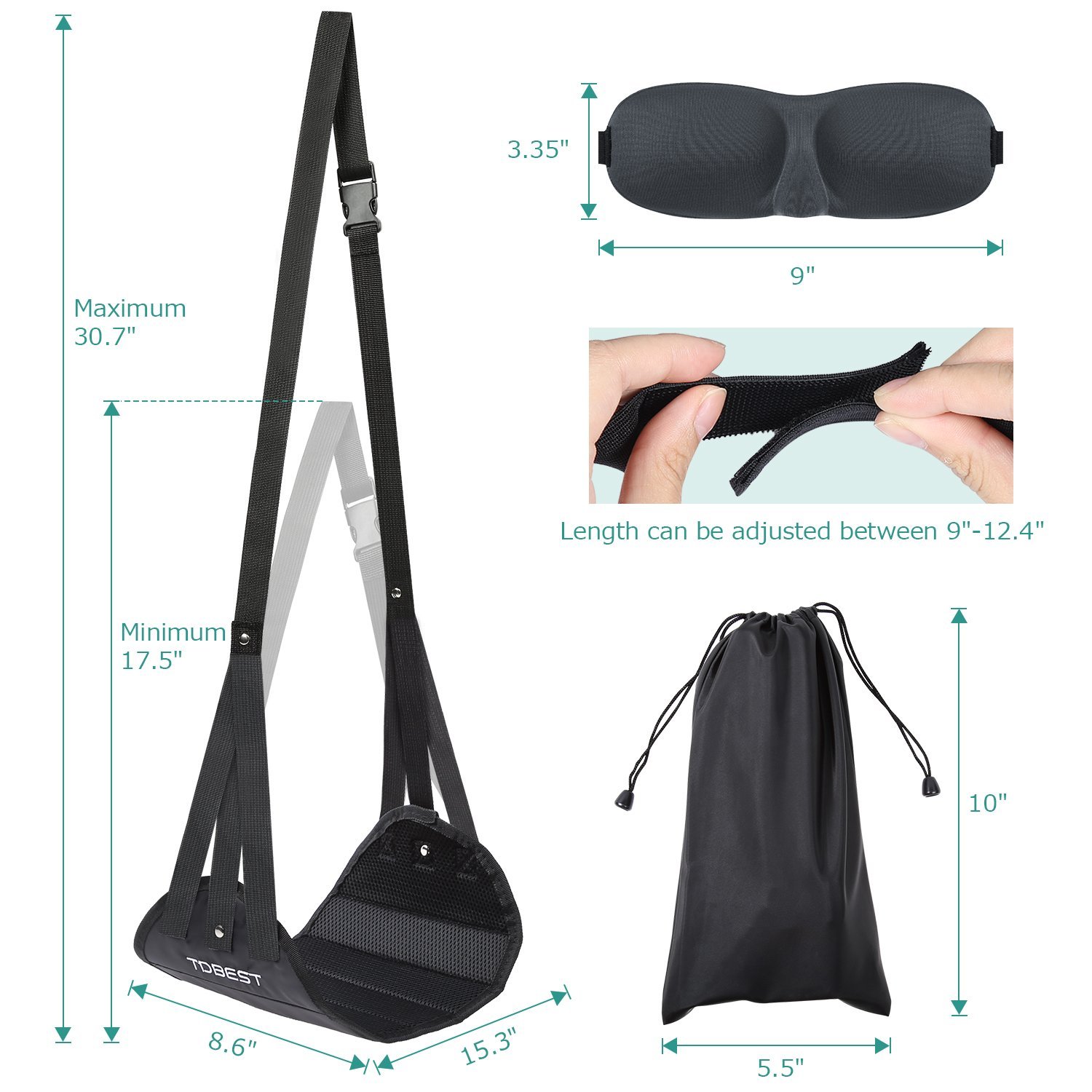 Foot Rest, Tdbest Adjustable Foot Rest Hammock and 3D Contoured Eye Mask Portable Airplane Travel Kit Flight Accessories to Prevent Swelling, Soreness