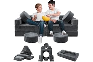 HOMFINE 16pcs Modular Kids Play Couch, Kids Toddler Couch, Child Sectional Sofa, Versatile Kid Sofa for Playroom Bedroom, Convertible Foam and Floor Cushion for Boys and Girls, Grey