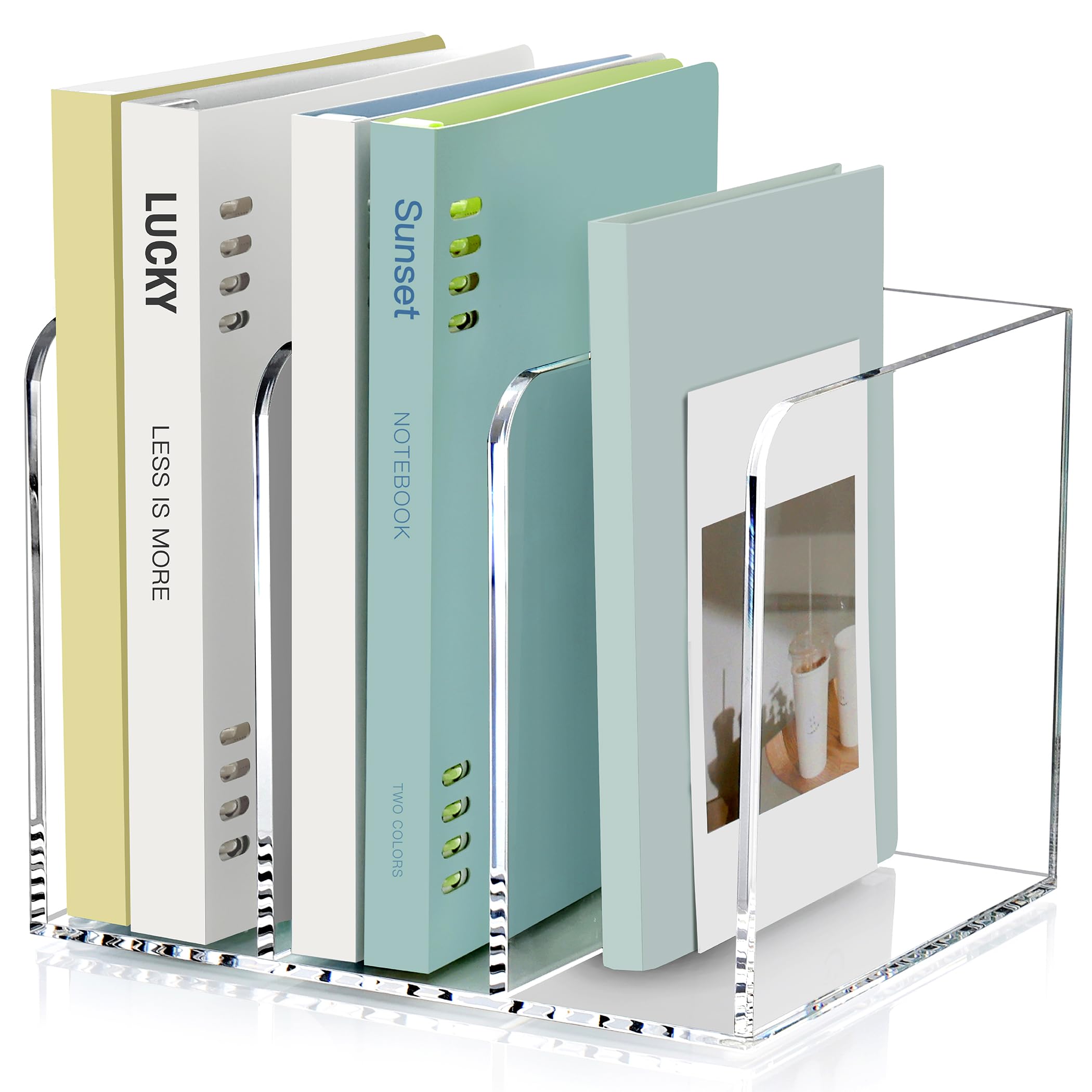 Photo 1 of Acrylic Magazine Holder Desk Organizer Workspace Sorters?Clear Bookend File Sorter Holder?Folder Rack, Office Accessories Organization Storage with 3 Vertical Compartments