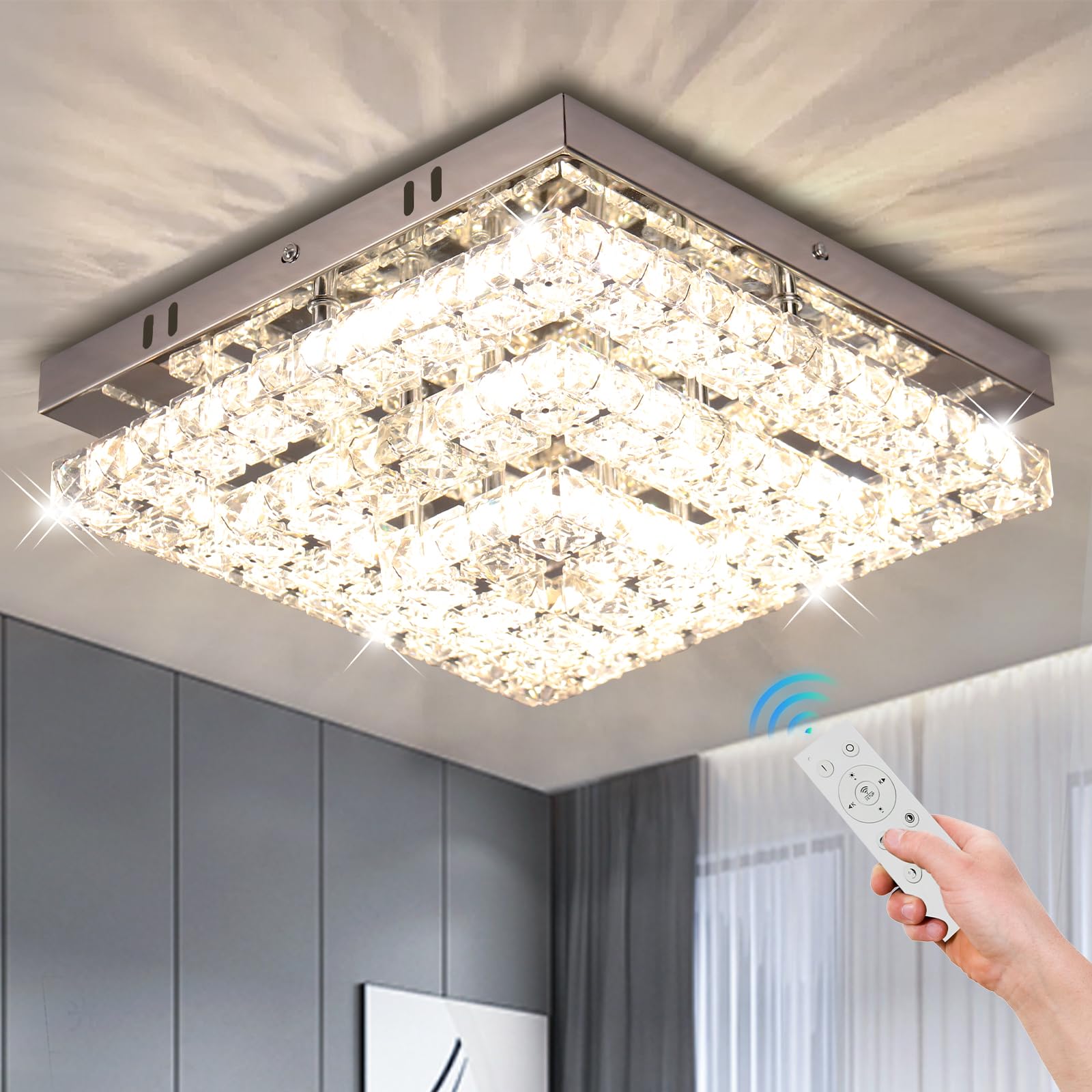 Photo 1 of Cainjiazh Crystal Chandeliers Crystal LED Ceiling Light 11.8" Square Flush Mount Modern Chandelier Ceiling Lights Fixtures for Bedroom Dining Room Hallway Dimmable by Remote Control